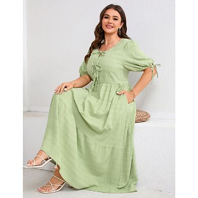 Plus Size for Women Summer Dresses Casual Drawstring Short Sleeve Smocked Tiered Boho Maxi Dress