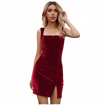 Women's Square Neck Velvet Dress Spaghetti Strap Bodycon Mini Dress Split Hem Cocktail Dress