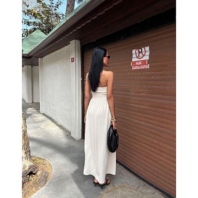 boho strapless maxi dress Willow Brown Clip Dot Strapless Maxi Dress
