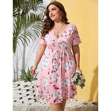 Plus Size Women's V Neck Drawstring Short Sleeve Floral Dress