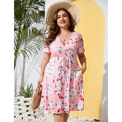 Plus Size Women's V Neck Drawstring Short Sleeve Floral Dress
