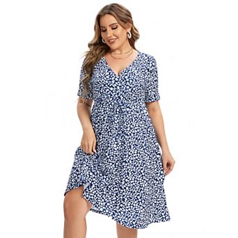 Plus Size Women's V Neck Drawstring Short Sleeve Floral Dress