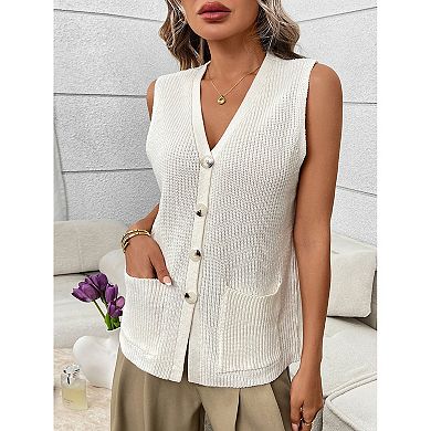 Women's V Neck Ribbed Knit Sweater Vest Button Down Sleeveless Pockets Casual Spring Top