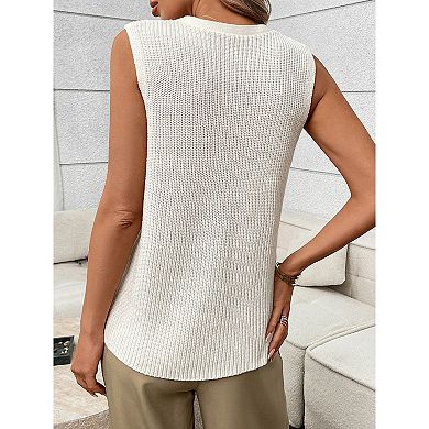 Women's V Neck Ribbed Knit Sweater Vest Button Down Sleeveless Pockets Casual Spring Top
