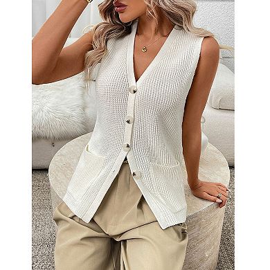 Women's V Neck Ribbed Knit Sweater Vest Button Down Sleeveless Pockets Casual Spring Top