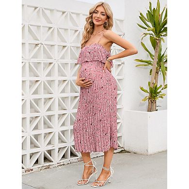 Maternity Dress Lotus Leaf Sleeveless Spaghetti Straps Pleated Dress