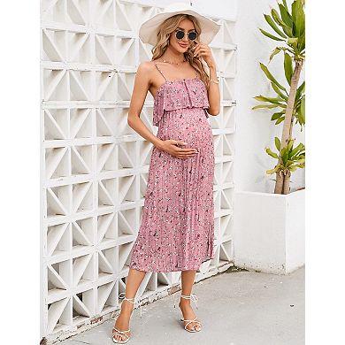 Maternity Dress Lotus Leaf Sleeveless Spaghetti Straps Pleated Dress
