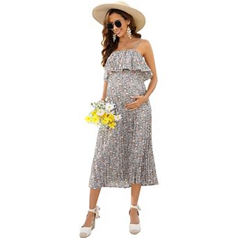 Maternity Dress Lotus Leaf Sleeveless Spaghetti Straps Pleated Dress