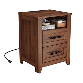 Side Table with Charging Station, End Table with Storage Shelf for Bedroom, Living Room
