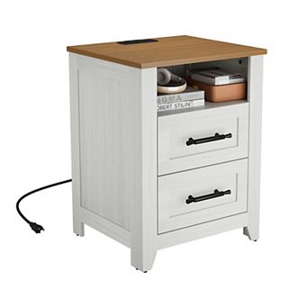 Side Table with Charging Station, End Table with Storage Shelf for Bedroom, Living Room