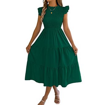 Women's Smocked Tiered Midi Dress Ruffle Sleeve Crew Neck Casual Summer Dress