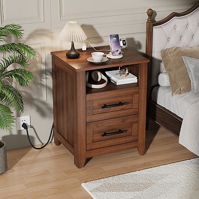 Set of 2 Farmhouse Nightstand with Charging Station 2 Drawers & Open Shelf, USB/Type-C/AC Outlets