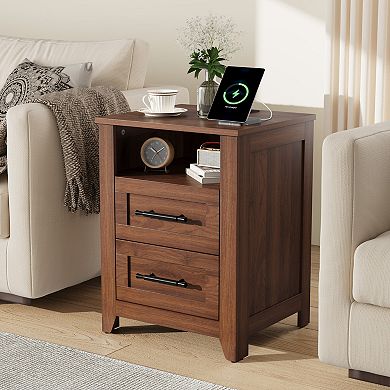Set of 2 Farmhouse Nightstand with Charging Station 2 Drawers & Open Shelf, USB/Type-C/AC Outlets
