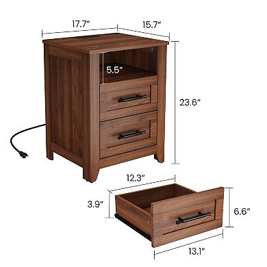 Set of 2 Farmhouse Nightstand with Charging Station 2 Drawers & Open Shelf, USB/Type-C/AC Outlets