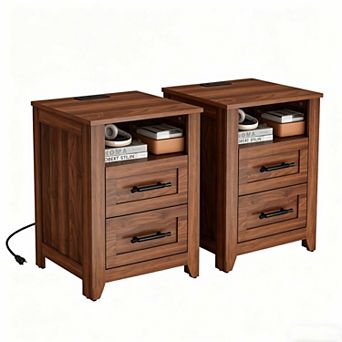 Set of 2 Farmhouse Nightstand with Charging Station 2 Drawers & Open Shelf, USB/Type-C/AC Outlets