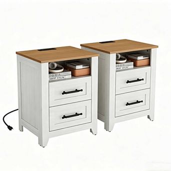 Set of 2 Farmhouse Nightstand with Charging Station 2 Drawers & Open Shelf, USB/Type-C/AC Outlets