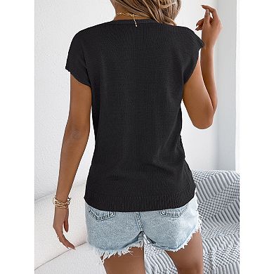 Women's V Neck Button Knit Top Casual Spring Summer Loose Short Sleeve Sweater Vest