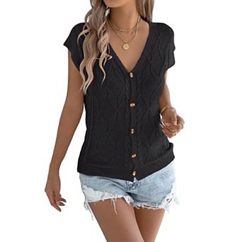 Women's V Neck Button Knit Top Casual Spring Summer Loose Short Sleeve Sweater Vest