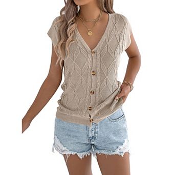 Women's V Neck Button Knit Top Casual Spring Summer Loose Short Sleeve Sweater Vest