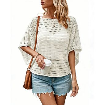 Women's Openwork Knit Batwing Sleeve Top Loose Casual Blouse for Daily Wear