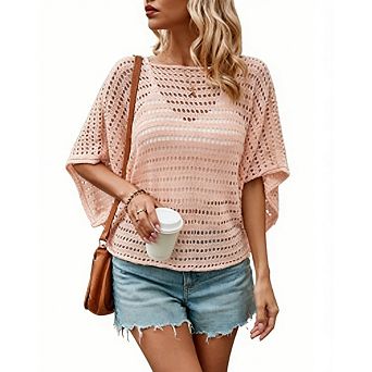 Women's Openwork Knit Batwing Sleeve Top Loose Casual Blouse for Daily Wear