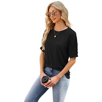 Women's Button Detail Elbow Sleeve Round Neck T Shirts Casual Tops