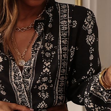Women's Boho Printed Long Sleeve V Neck Blouses Button Front Casual Tops