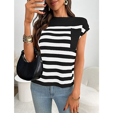 :Women's Striped Crew Neck Cap Sleeve Knit Tops Casual Sweater Blouses with Pocket