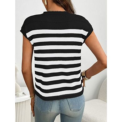 :Women's Striped Crew Neck Cap Sleeve Knit Tops Casual Sweater Blouses with Pocket