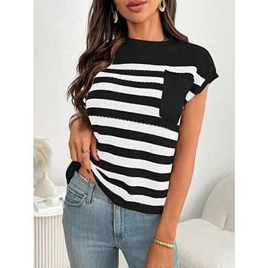 :Women's Striped Crew Neck Cap Sleeve Knit Tops Casual Sweater Blouses with Pocket