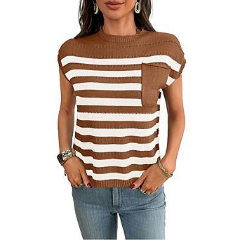:Women's Striped Crew Neck Cap Sleeve Knit Tops Casual Sweater Blouses with Pocket