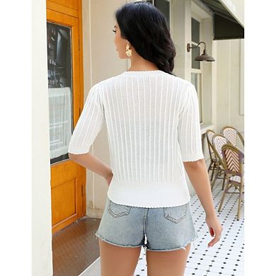 Women's Ribbed Knit Button Down Cardigans Casual Short Sleeve Sweater Tops