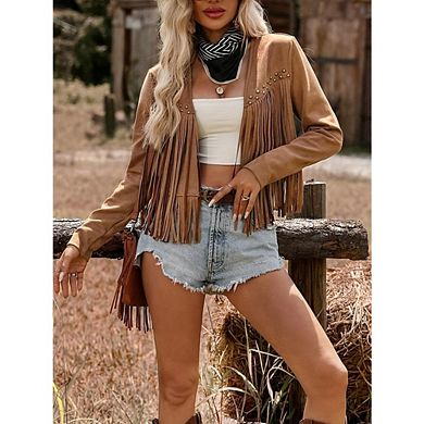 Women's Fringe Cropped Jackets Casual Studded Open Front Faux Leather Moto Jackets