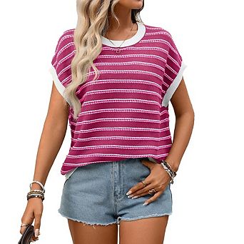 Women's Striped Batwing Sleeve Knit Tops Casual Crew Neck Loose T Shirts