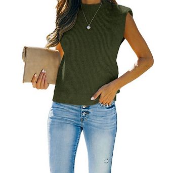 Women's Mock Neck Ribbed Knit Sleeveless Top Casual Pullover
