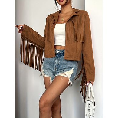 Women's Fringe Cropped Jackets Casual Studded Open Front Faux Leather Moto Jackets