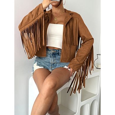 Women's Fringe Cropped Jackets Casual Studded Open Front Faux Leather Moto Jackets
