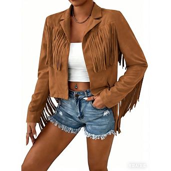 Women's Fringe Cropped Jackets Casual Studded Open Front Faux Leather Moto Jackets