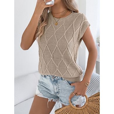 Women's Cable Knit Cap Sleeve Sweaters Casual Diamond Texture Crew Neck Tops