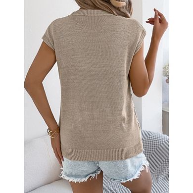 Women's Cable Knit Cap Sleeve Sweaters Casual Diamond Texture Crew Neck Tops