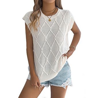 Women's Cable Knit Cap Sleeve Sweaters Casual Diamond Texture Crew Neck Tops