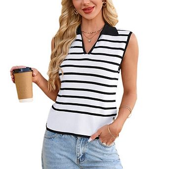 Women's Striped Sleeveless Polo Knit Tops Casual Button Detail V Neck Blouses