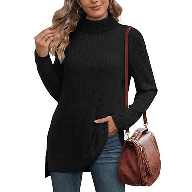 Women's Turtleneck Ribbed Knit Tunic Long Sleeve Top