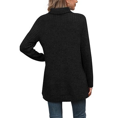 Women's Turtleneck Ribbed Knit Tunic Long Sleeve Top