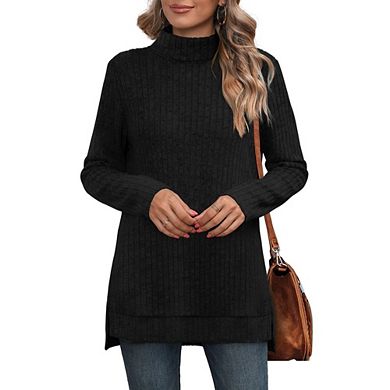 Women's Turtleneck Ribbed Knit Tunic Long Sleeve Top