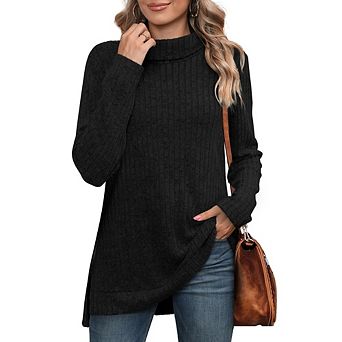 Women's Turtleneck Ribbed Knit Tunic Long Sleeve Top