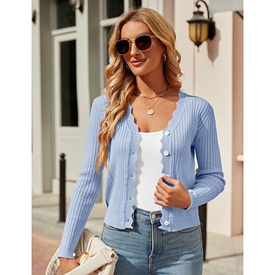 Women's Scalloped Edge Ribbed Knit Cardigan Long Sleeve Button Down Top