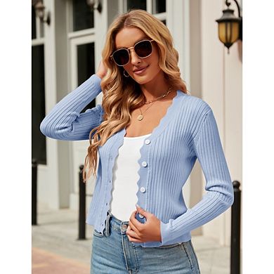 Women's Scalloped Edge Ribbed Knit Cardigan Long Sleeve Button Down Top