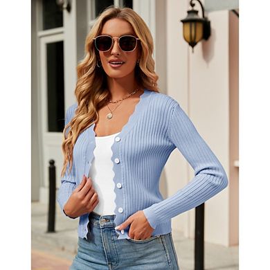 Women's Scalloped Edge Ribbed Knit Cardigan Long Sleeve Button Down Top