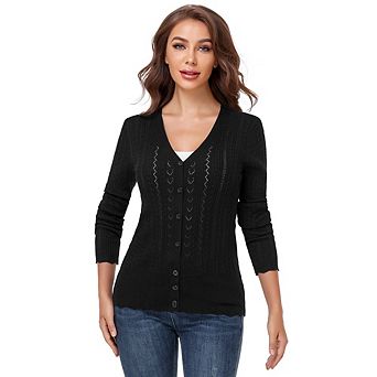 Women's V Neck Pointelle Knit Cardigans Casual Button Down Lightweight Sweater Coats